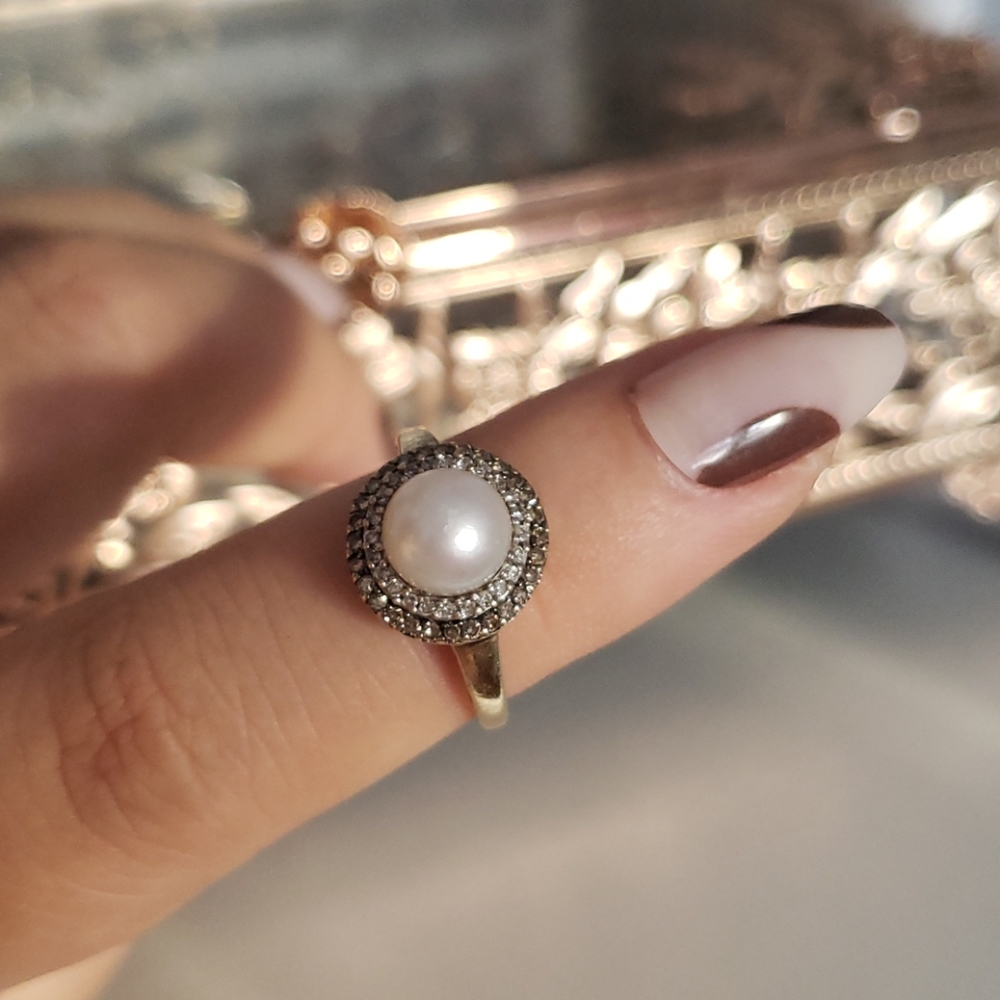 💎 1/2CT Champagne/white diamond pearl ring